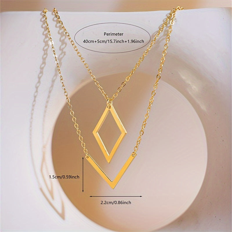 Retro Geometric V-Pendant Necklace in Gold Colour with Sharp Lines