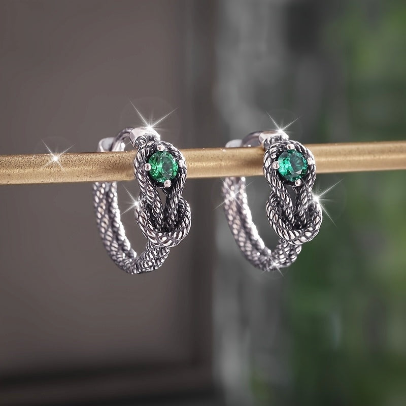 Vintage Green Cubic Zirconia Earrings in Silver Colour