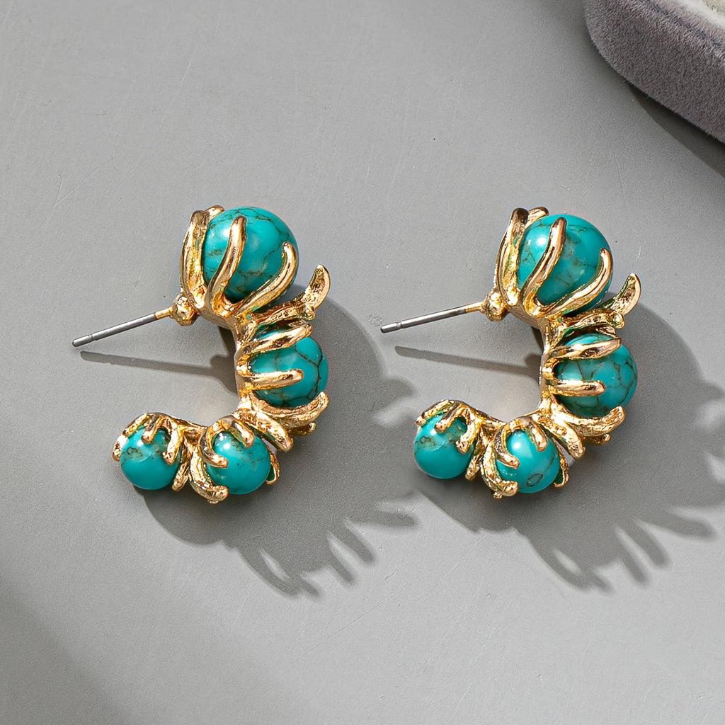 Vintage Blue-Green Beaded Flower Earrings with Boho Feel