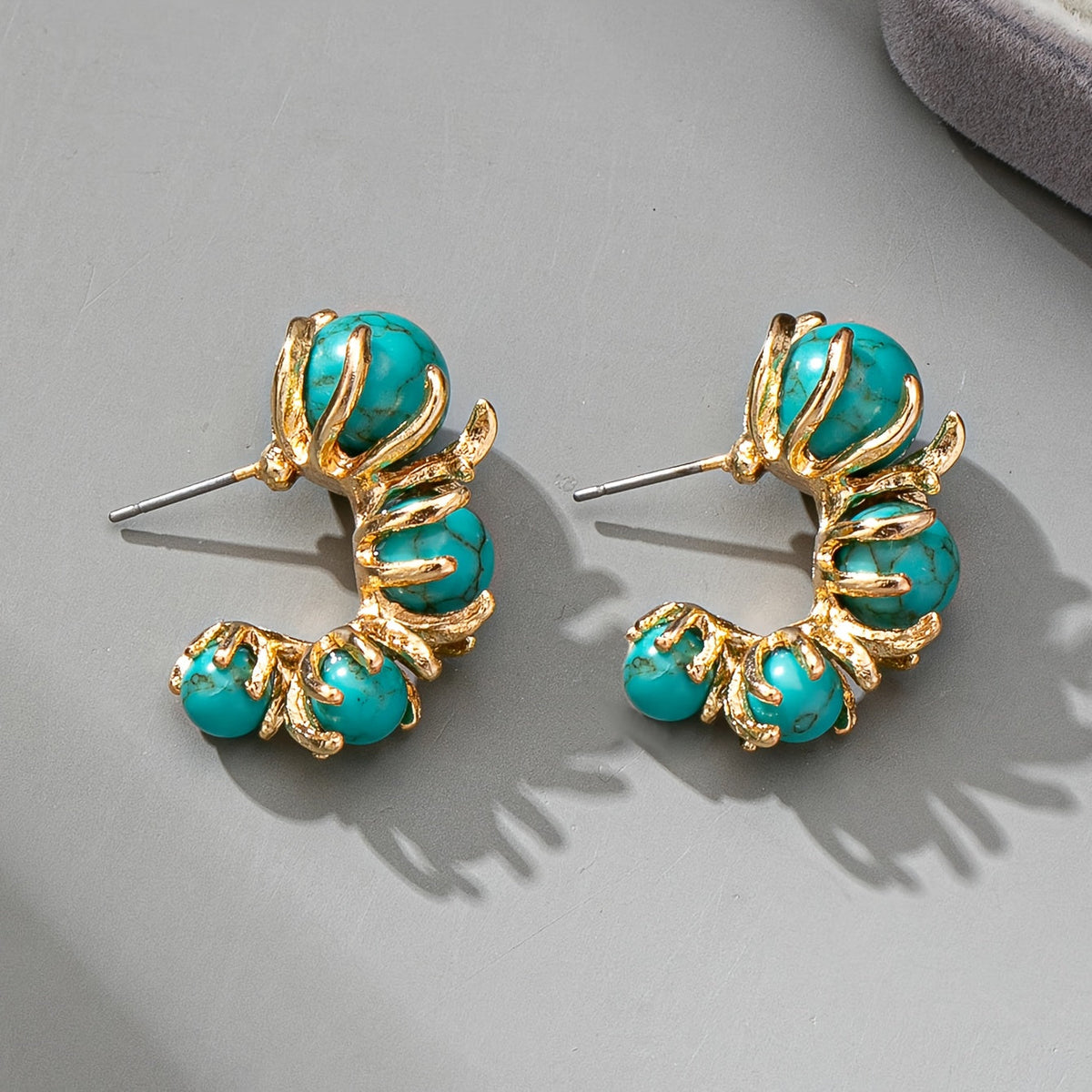 Vintage Blue-Green Beaded Flower Earrings with Boho Feel