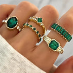 Green Stone Stacking Ring Set with Crystal Accents
