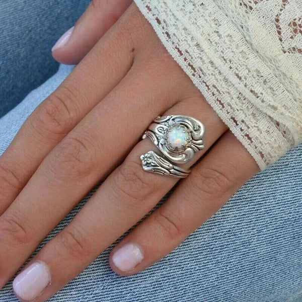 Adjustable Spoon-Style Ring with Iridescent White Stone