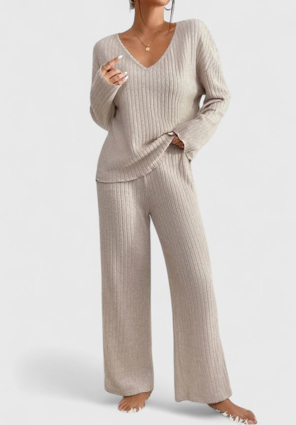 Knit Two Piece Set with V-Neck Top and Wide-Leg Trousers
