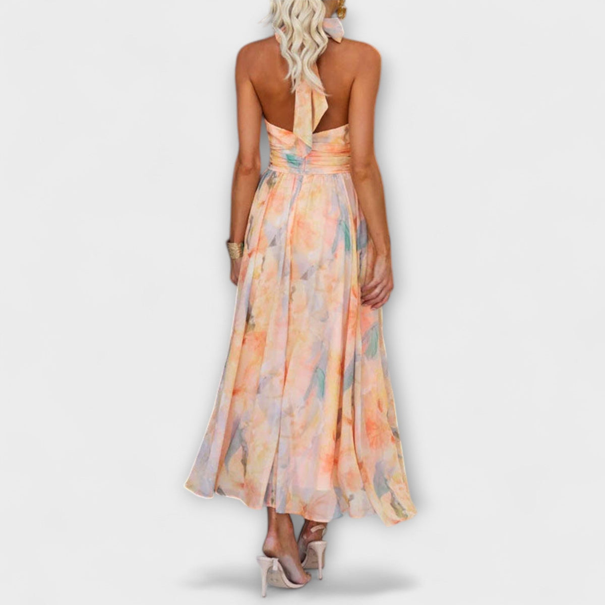 Halter Neck Maxi Dress with Open Back and Watercolour Print