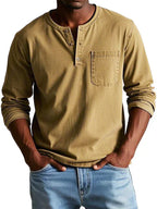 Men's Long-Sleeve Henley Shirt with Button Neckline