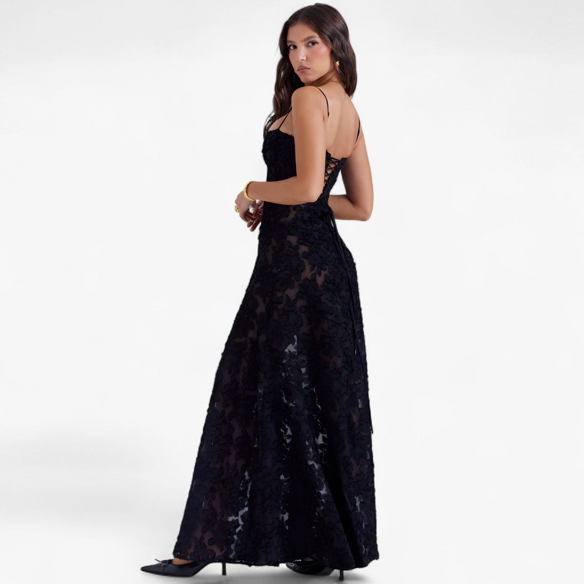 Flowing Flared Dress with Draped Elegant Silhouette