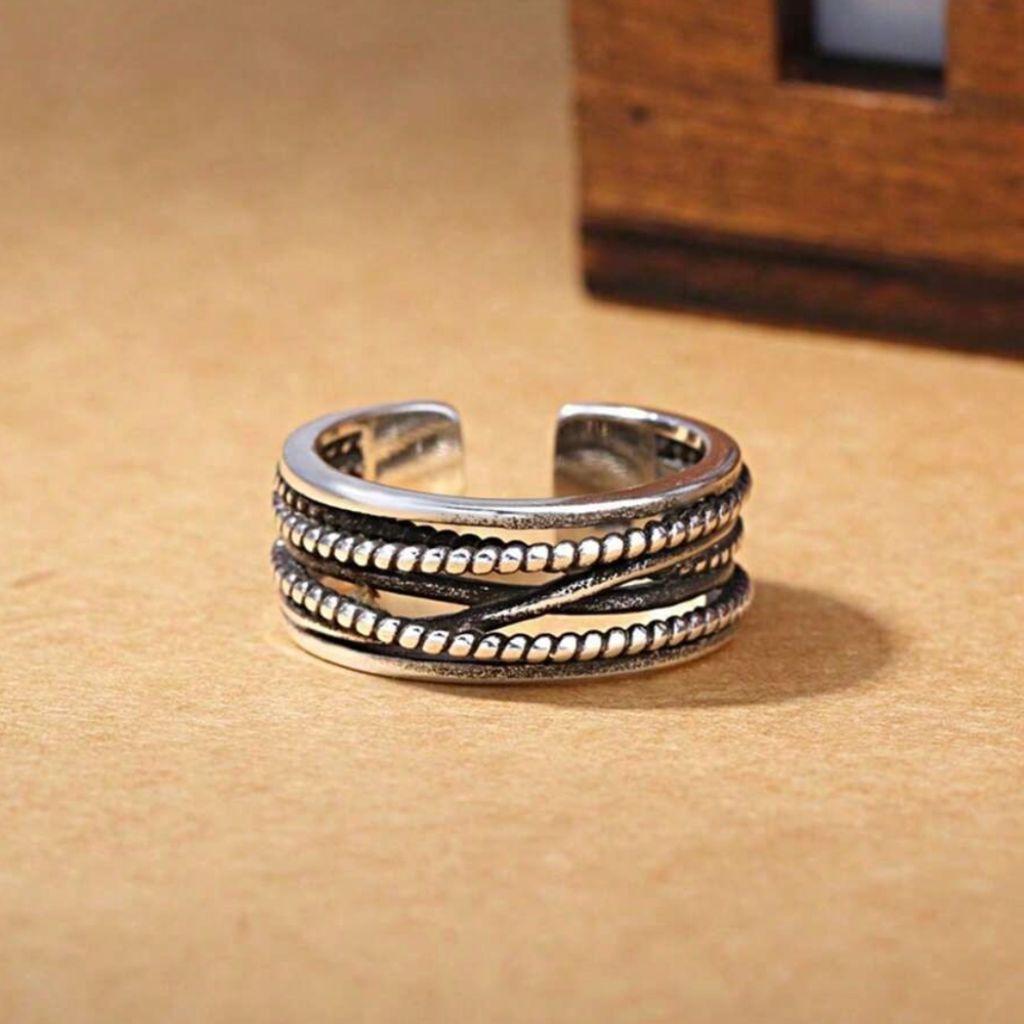 Adjustable Multi-Layer Ring with Vintage Finish in Silver Colour