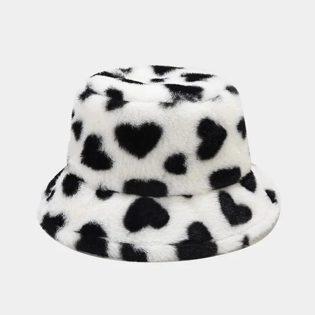 Faux Fur Winter Hat with a Playful Heart Print Design