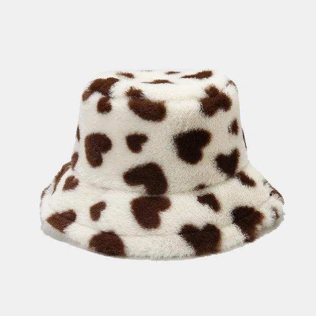 Faux Fur Winter Hat with a Playful Heart Print Design