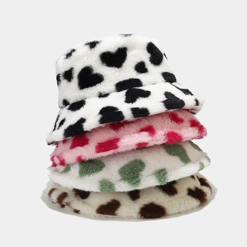 Faux Fur Winter Hat with a Playful Heart Print Design