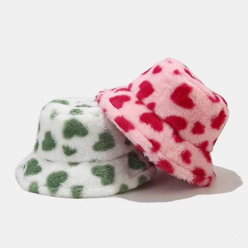 Faux Fur Winter Hat with a Playful Heart Print Design