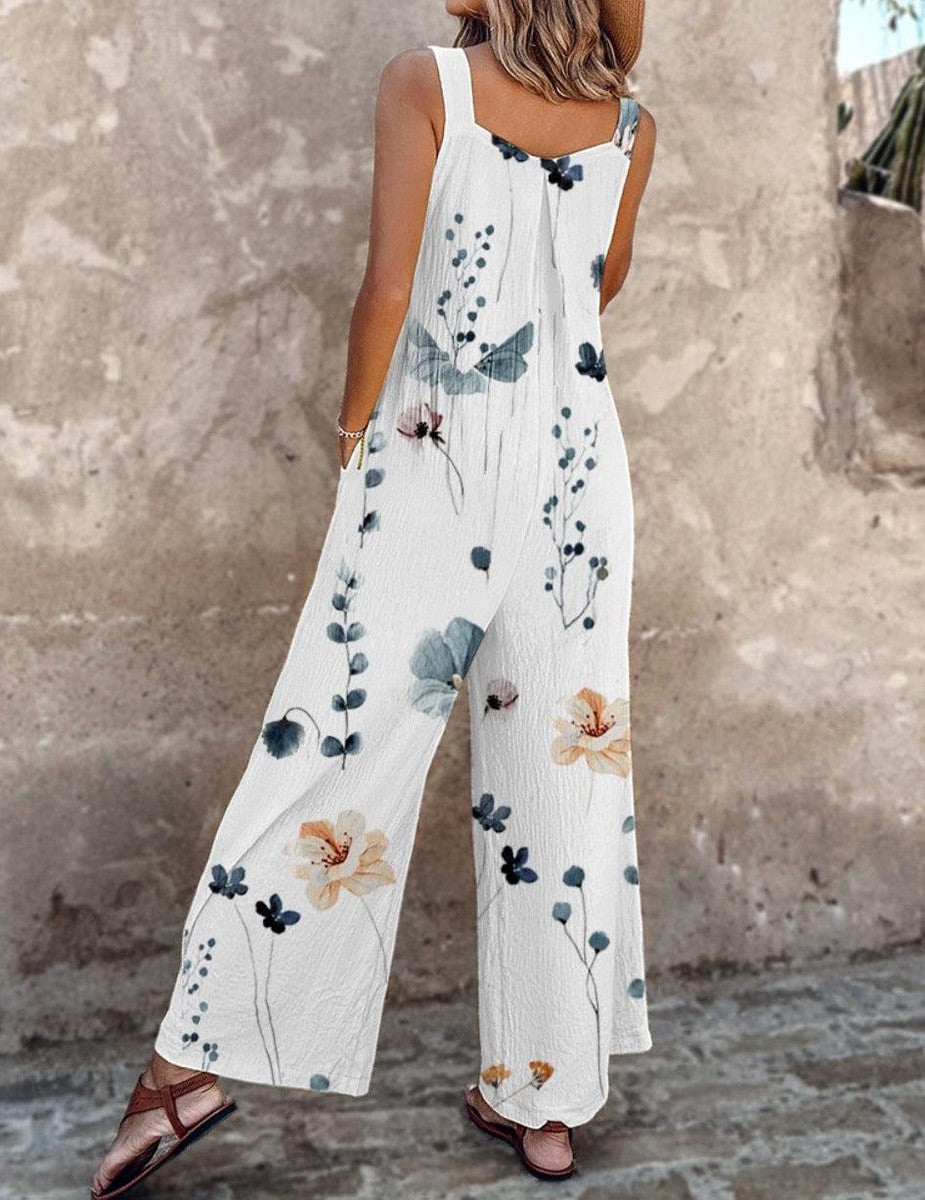 Printed Denim Overalls with Cropped Leg