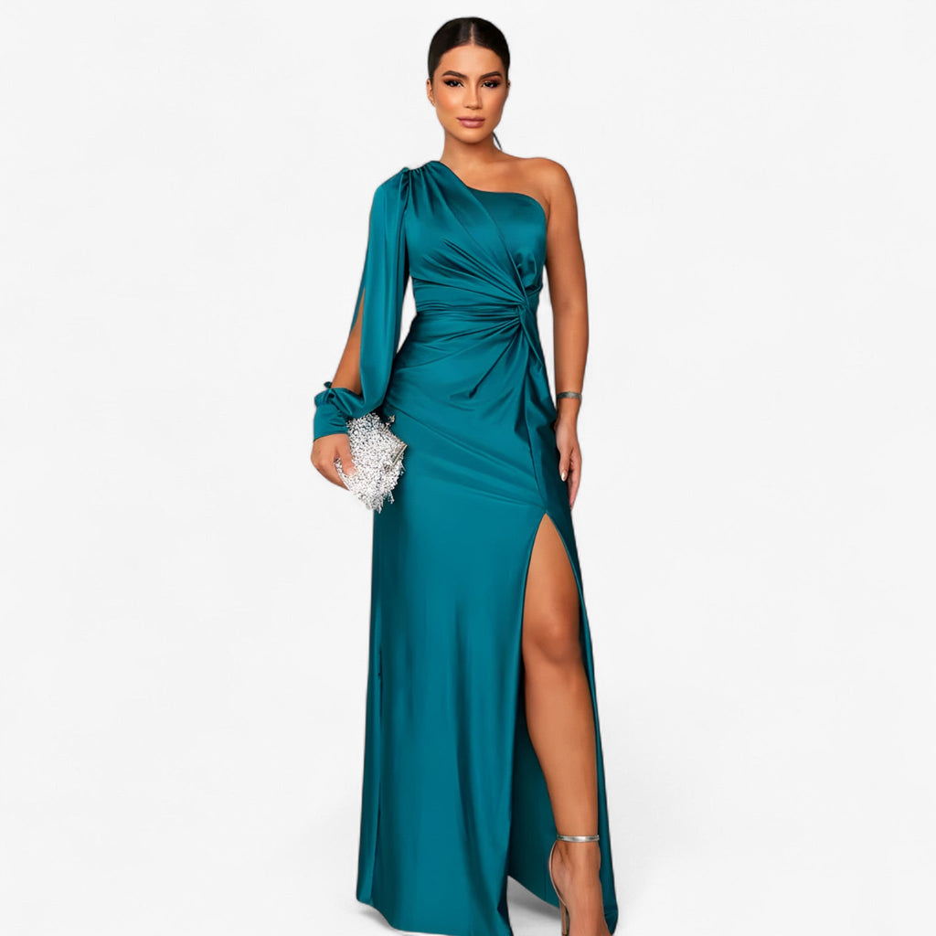 Asymmetric One-Shoulder Satin Dress with Front Knot