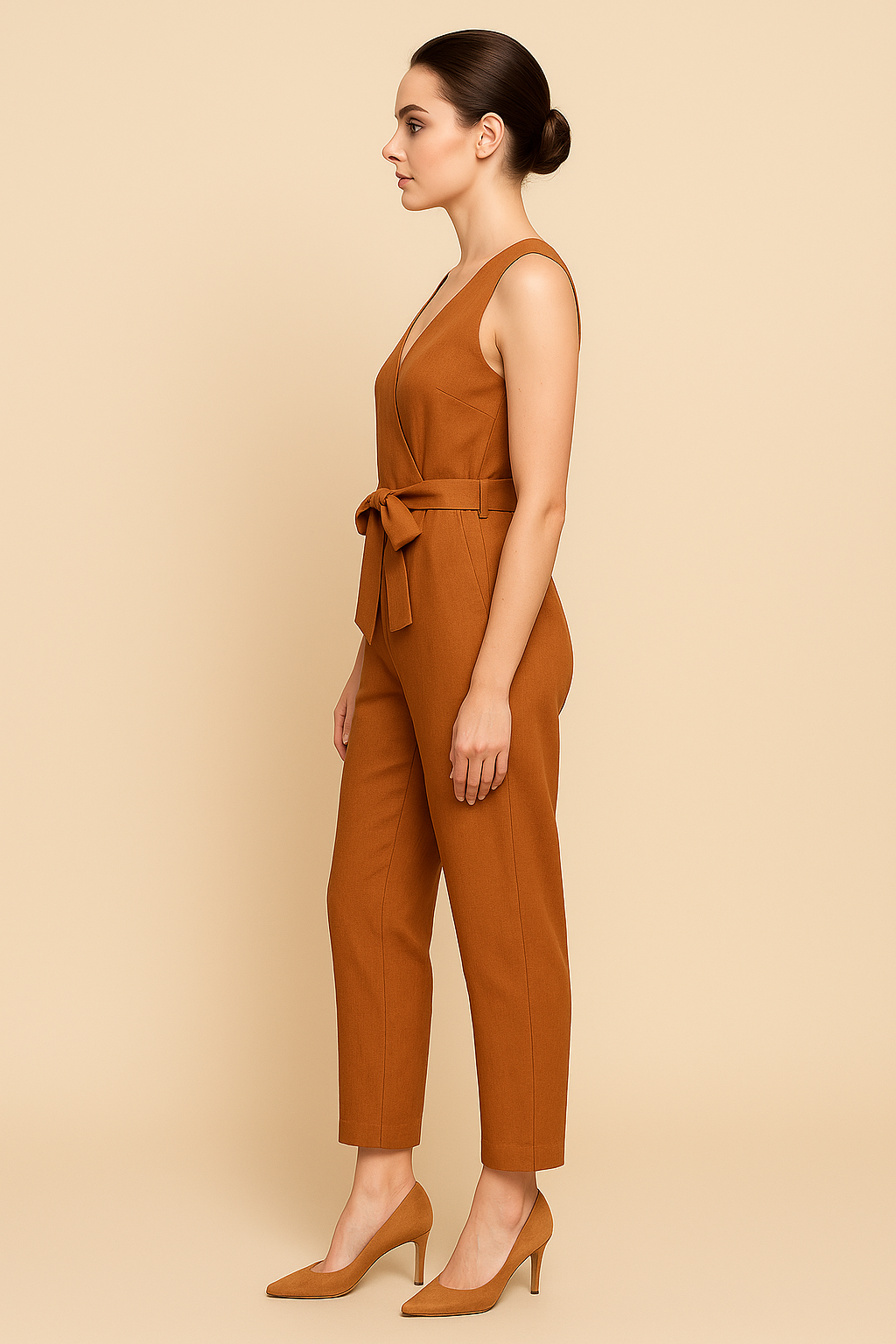 Ärmlös jumpsuit med avsmalnande ben och omlottringning