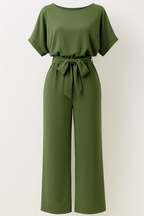 Palazzo Jumpsuit with Bow Belt and Short Sleeves