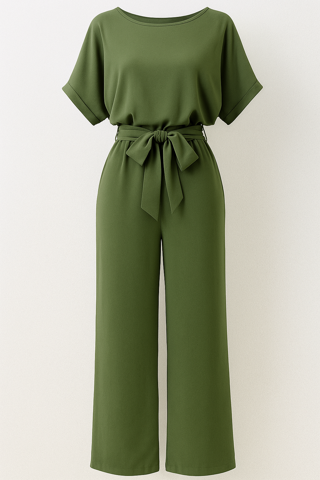 Palazzo Jumpsuit with Bow Belt and Short Sleeves