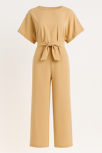 Palazzo Jumpsuit with Bow Belt and Short Sleeves