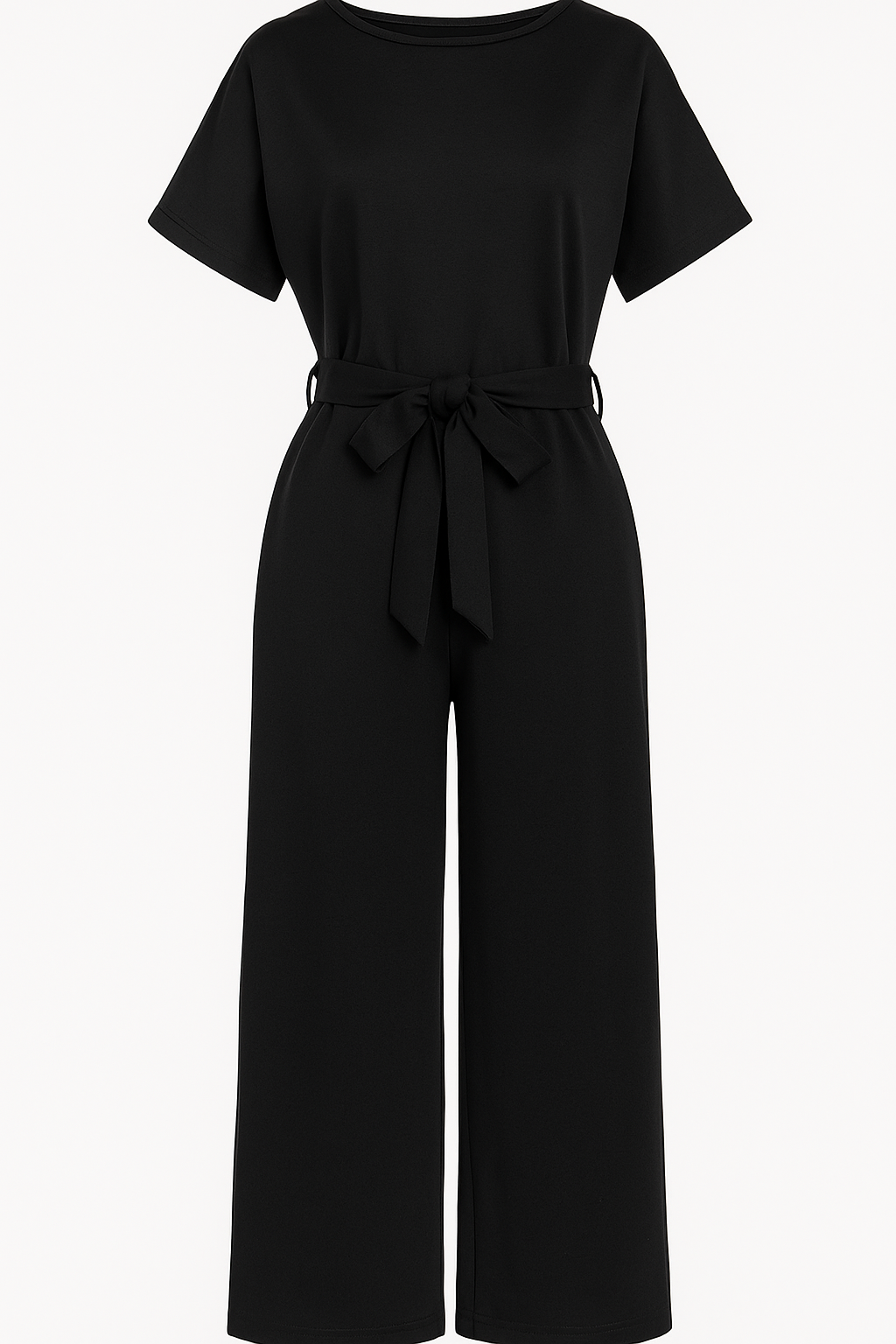 Palazzo Jumpsuit with Bow Belt and Short Sleeves