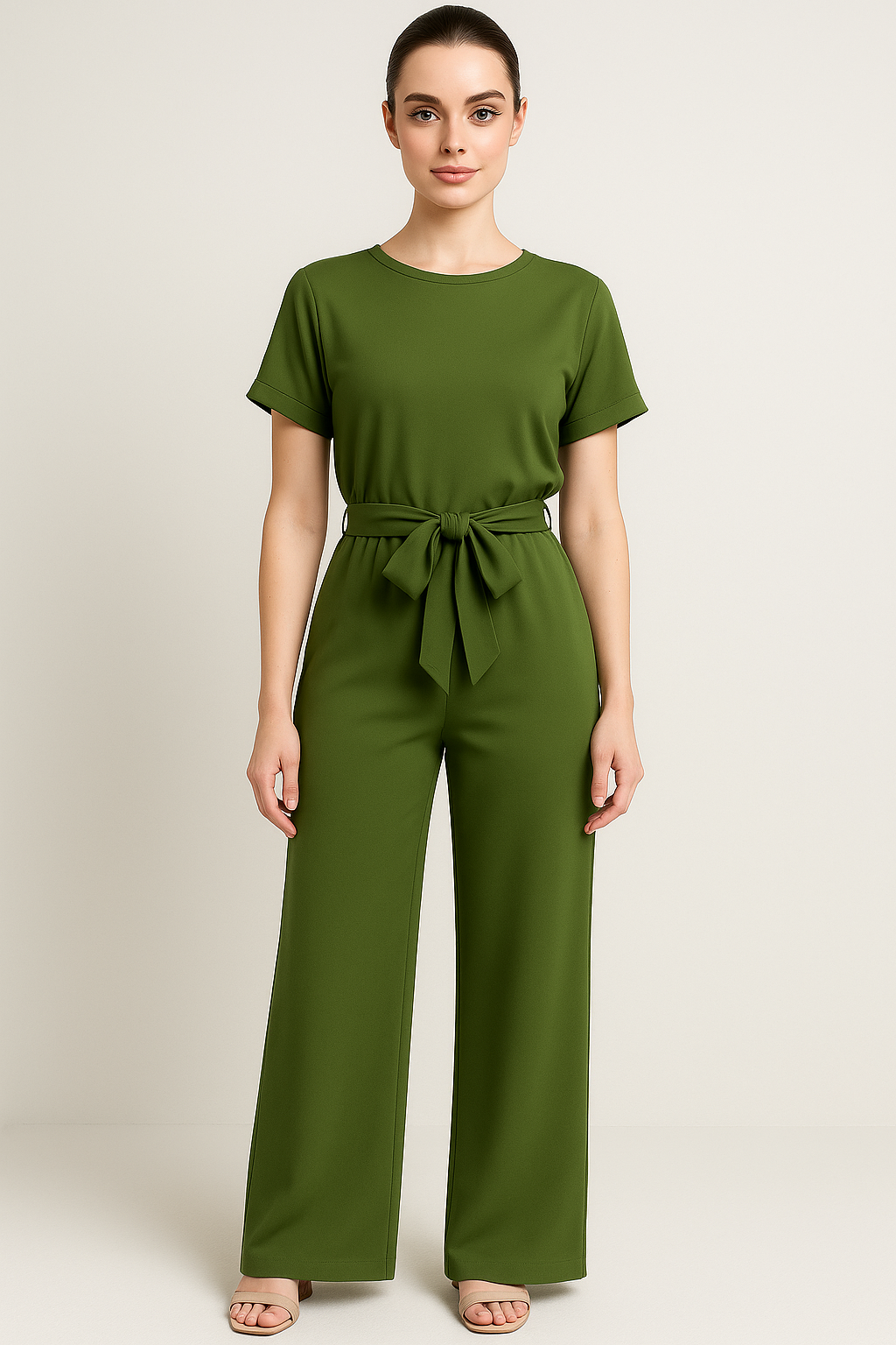 Palazzo Jumpsuit with Bow Belt and Short Sleeves