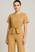 Palazzo Jumpsuit with Bow Belt and Short Sleeves