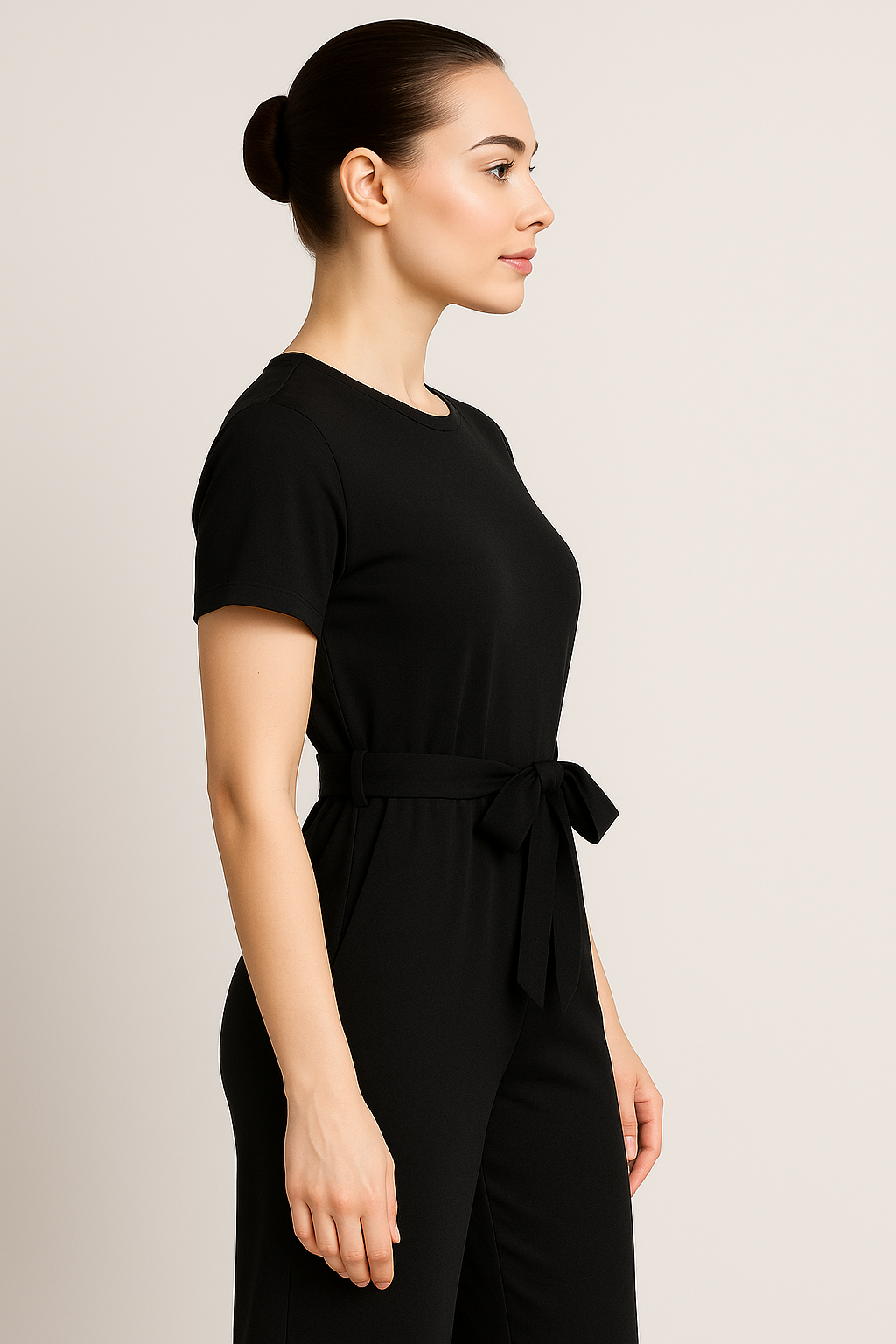 Palazzo Jumpsuit with Bow Belt and Short Sleeves