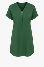 Ribbed Cotton Summer Dress with V-Neck Button Detailing