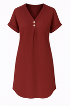 Ribbed Cotton Summer Dress with V-Neck Button Detailing