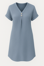 Ribbed Cotton Summer Dress with V-Neck Button Detailing