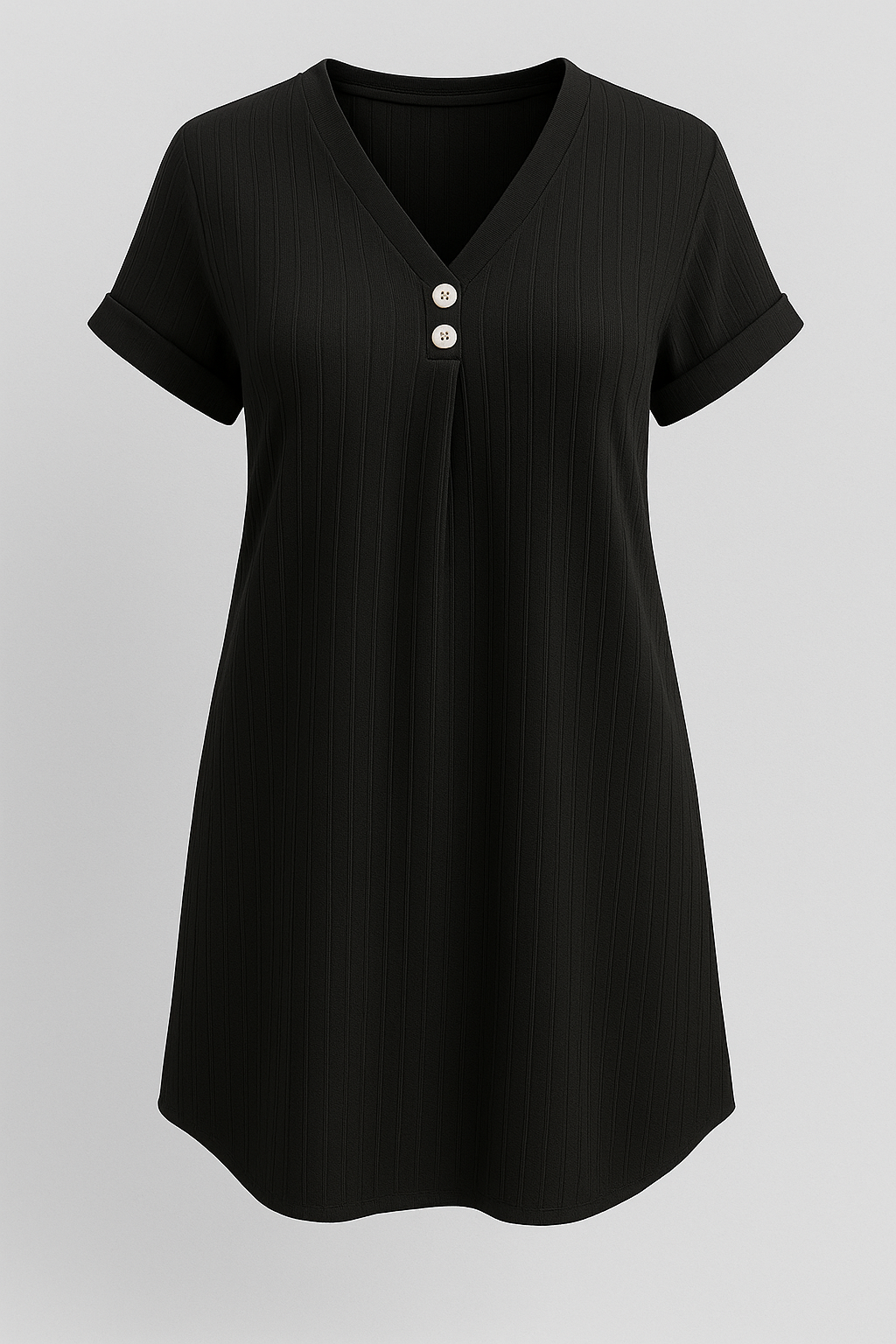 Ribbed Cotton Summer Dress with V-Neck Button Detailing