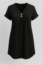 Ribbed Cotton Summer Dress with V-Neck Button Detailing