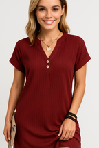 Ribbed Cotton Summer Dress with V-Neck Button Detailing
