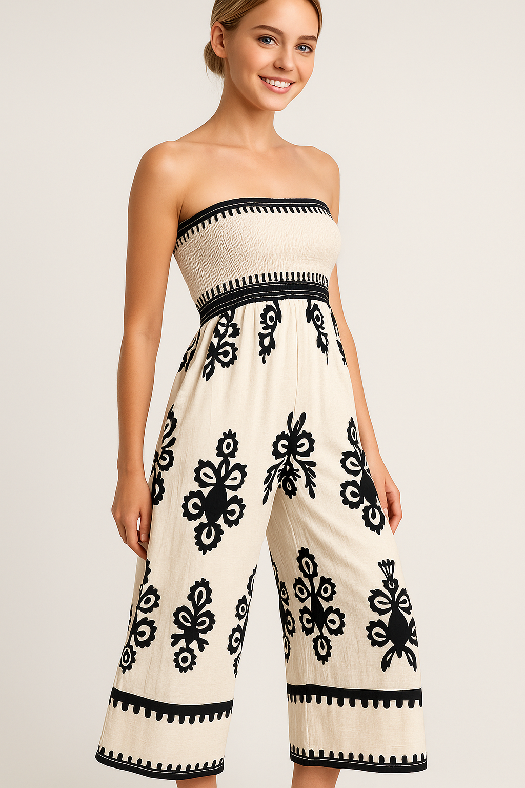 Embroidered Boho Jumpsuit with Elastic Bust Band