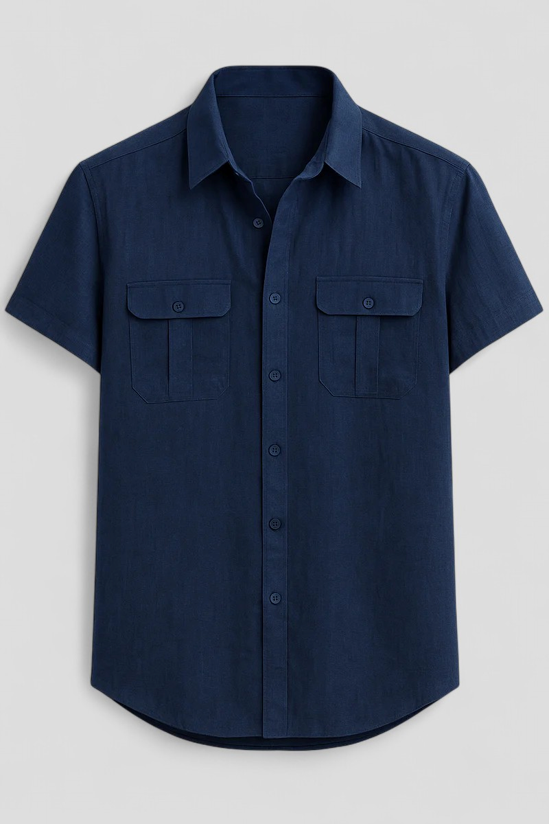 Linen-Cotton Blend Shirt with Short Sleeves and Front Pockets
