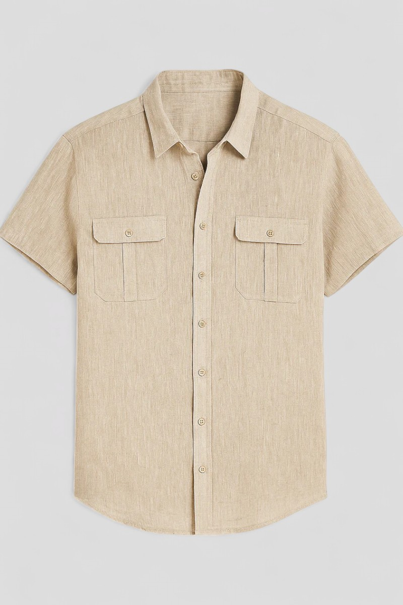 Linen-Cotton Blend Shirt with Short Sleeves and Front Pockets