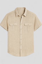 Linen-Cotton Blend Shirt with Short Sleeves and Front Pockets