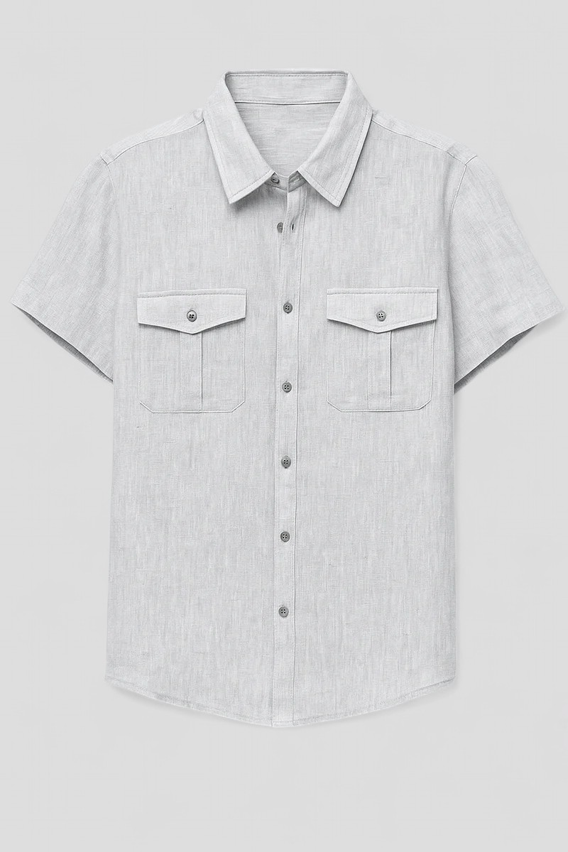 Linen-Cotton Blend Shirt with Short Sleeves and Front Pockets
