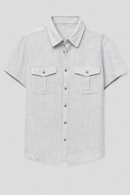 Linen-Cotton Blend Shirt with Short Sleeves and Front Pockets