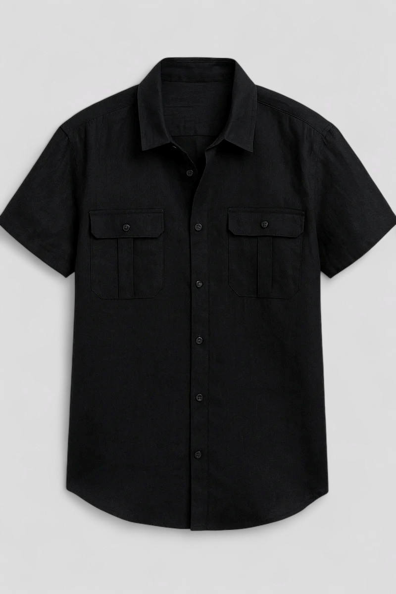 Linen-Cotton Blend Shirt with Short Sleeves and Front Pockets