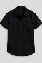 Linen-Cotton Blend Shirt with Short Sleeves and Front Pockets