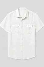 Linen-Cotton Blend Shirt with Short Sleeves and Front Pockets