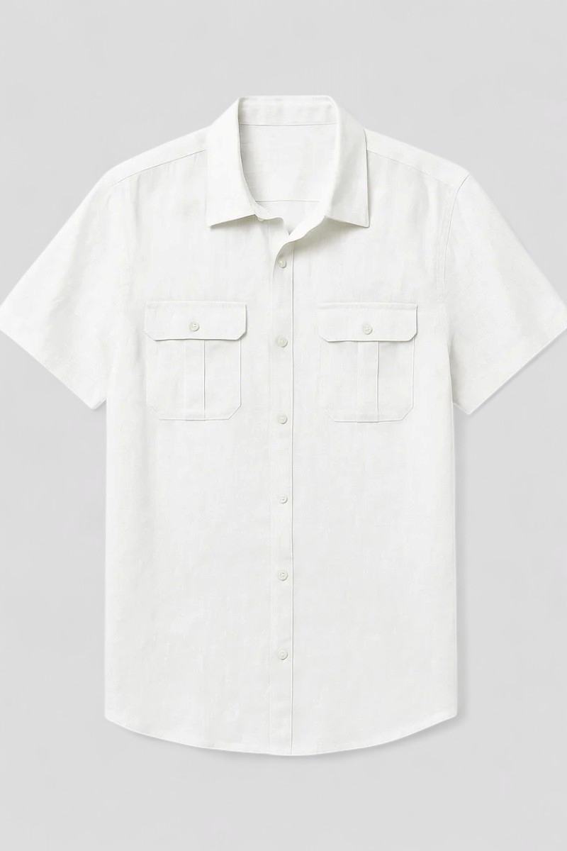 Linen-Cotton Blend Shirt with Short Sleeves and Front Pockets