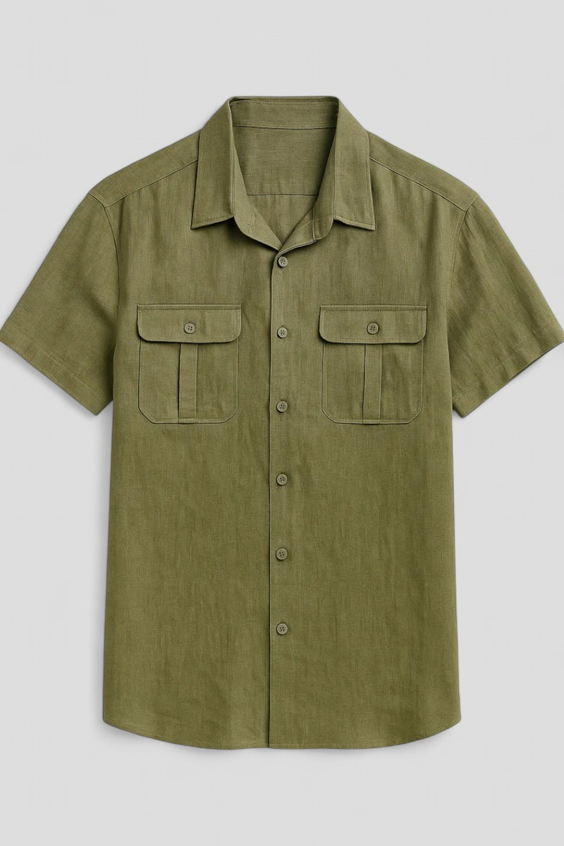 Linen-Cotton Blend Shirt with Short Sleeves and Front Pockets
