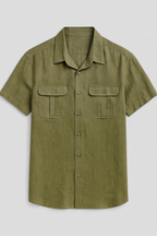 Linen-Cotton Blend Shirt with Short Sleeves and Front Pockets