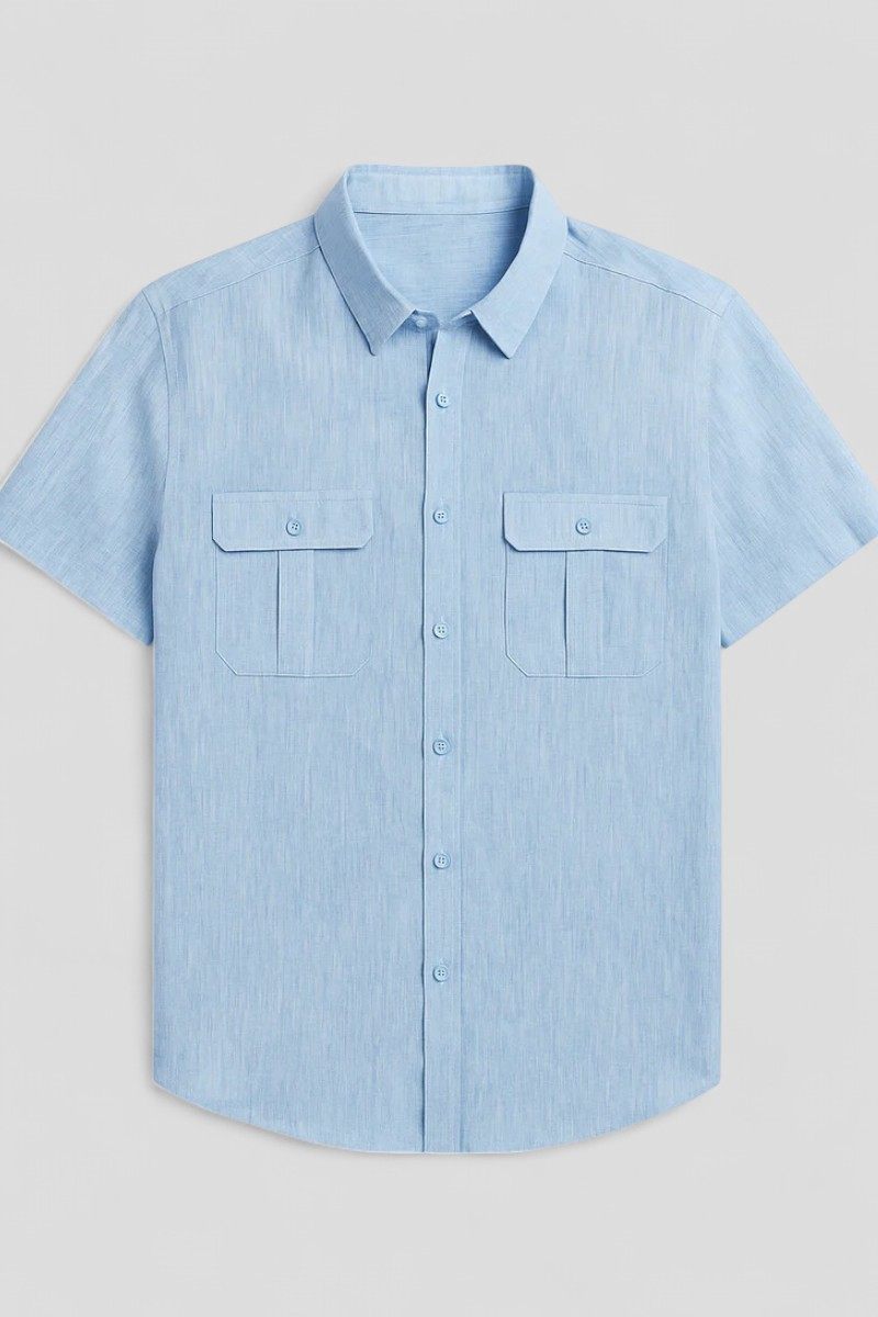 Linen-Cotton Blend Shirt with Short Sleeves and Front Pockets