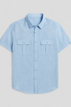 Linen-Cotton Blend Shirt with Short Sleeves and Front Pockets