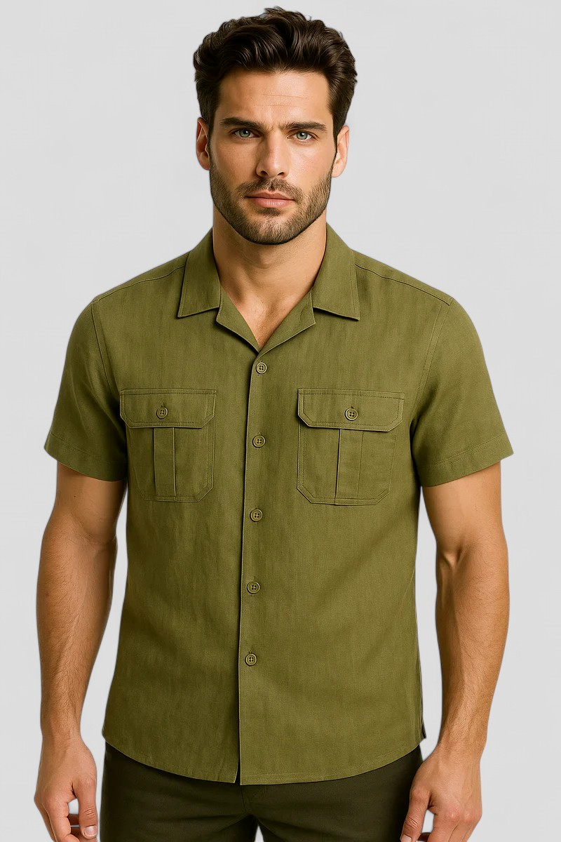 Linen-Cotton Blend Shirt with Short Sleeves and Front Pockets