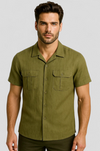 Linen-Cotton Blend Shirt with Short Sleeves and Front Pockets