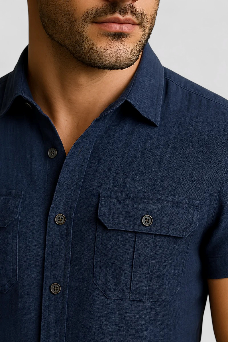 Linen-Cotton Blend Shirt with Short Sleeves and Front Pockets