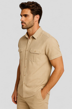 Linen-Cotton Blend Shirt with Short Sleeves and Front Pockets