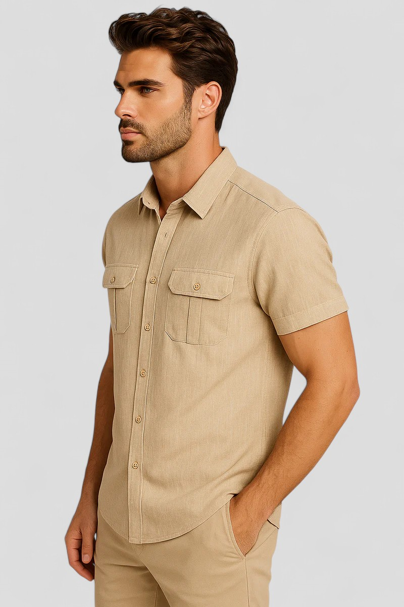 Linen-Cotton Blend Shirt with Short Sleeves and Front Pockets